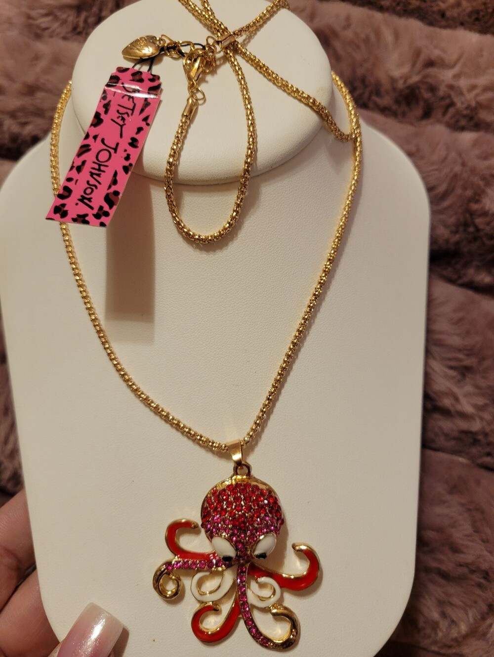 Betsey Johnson Gold Necklace with Pink and Red Crystal Octopus Pendant